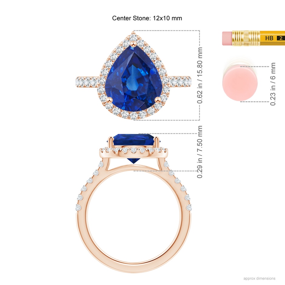 12x10mm AAA Pear-Shaped Sapphire Halo Engagement Ring in 18K Rose Gold ruler