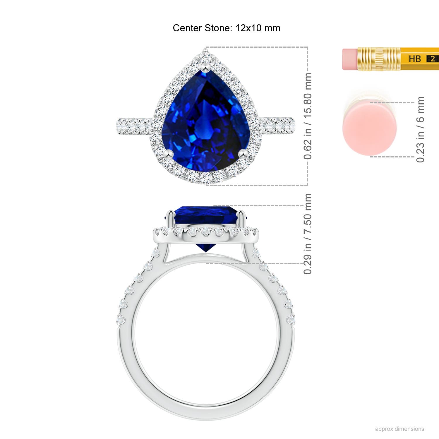 12x10mm AAAA Pear-Shaped Sapphire Halo Engagement Ring in 18K White Gold - ruler
