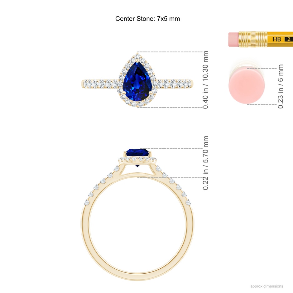 7x5mm AAAA Pear-Shaped Sapphire Halo Engagement Ring in Yellow Gold ruler