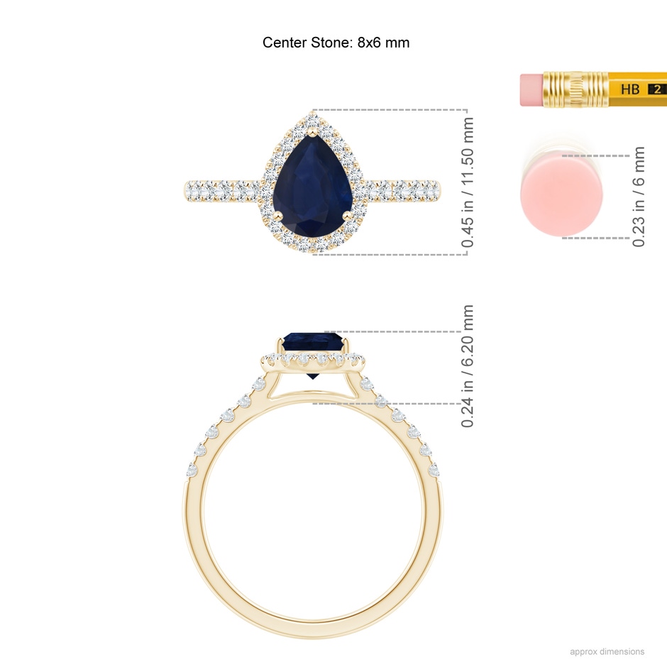 8x6mm A Pear-Shaped Sapphire Halo Engagement Ring in Yellow Gold ruler