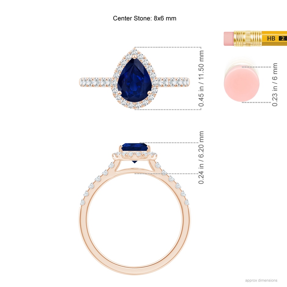 8x6mm AA Pear-Shaped Sapphire Halo Engagement Ring in Rose Gold ruler