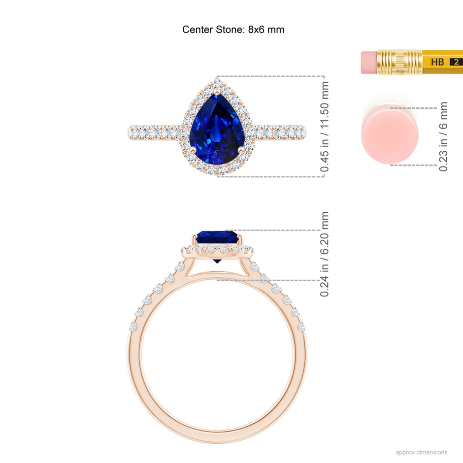 8x6mm AAAA Pear-Shaped Sapphire Halo Engagement Ring in Rose Gold ruler