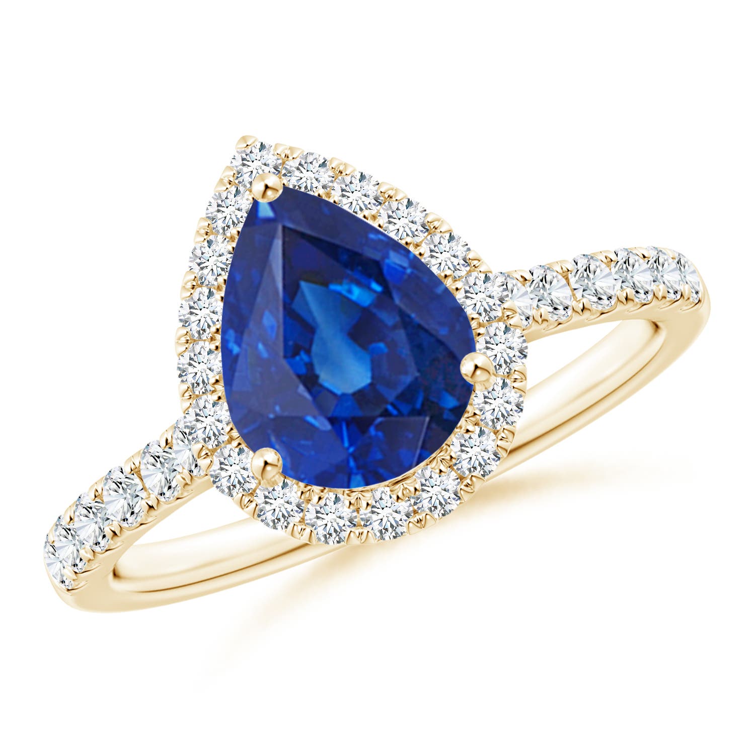9x7mm AAA Pear-Shaped Sapphire Halo Engagement Ring in Yellow Gold