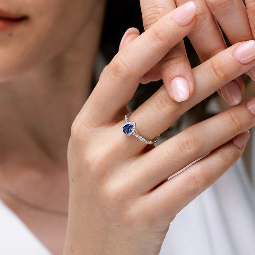 Pear-Shaped Sapphire Halo Engagement Ring