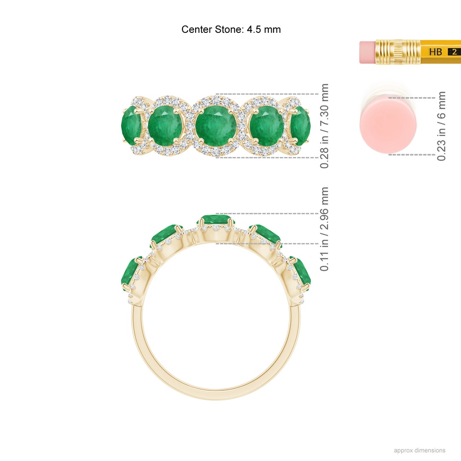 4.5mm A Half Eternity Five-Stone Emerald Halo Ring in Yellow Gold ruler