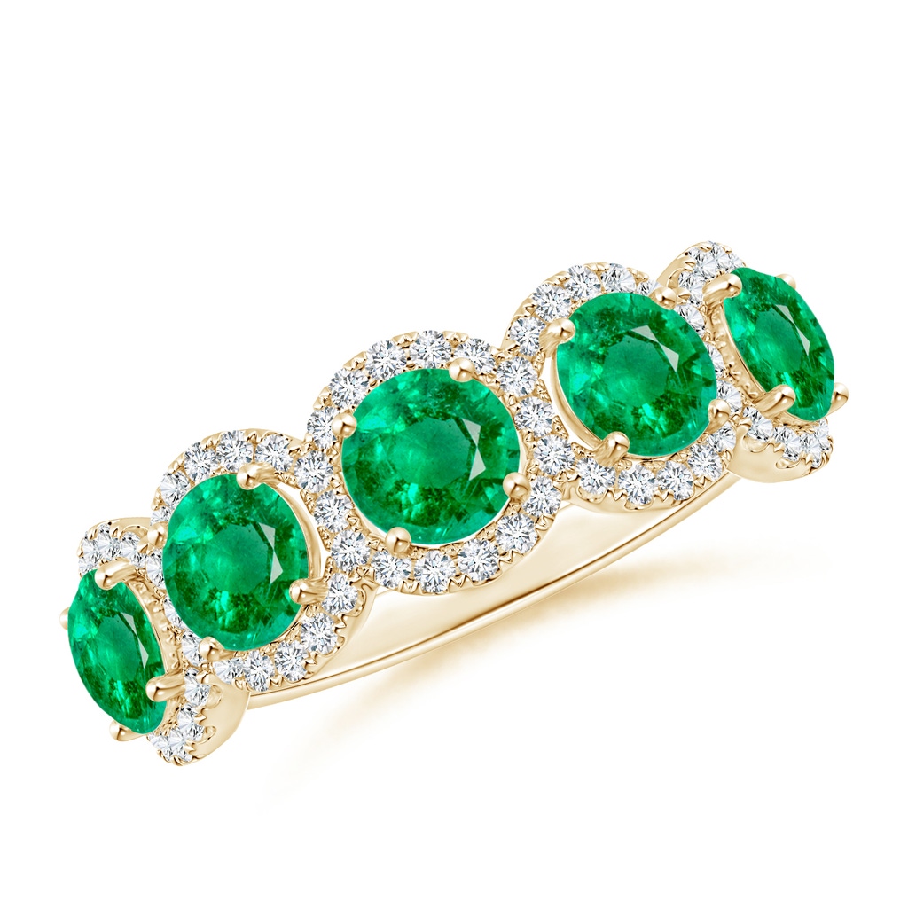 4.5mm AAA Half Eternity Five-Stone Emerald Halo Ring in Yellow Gold
