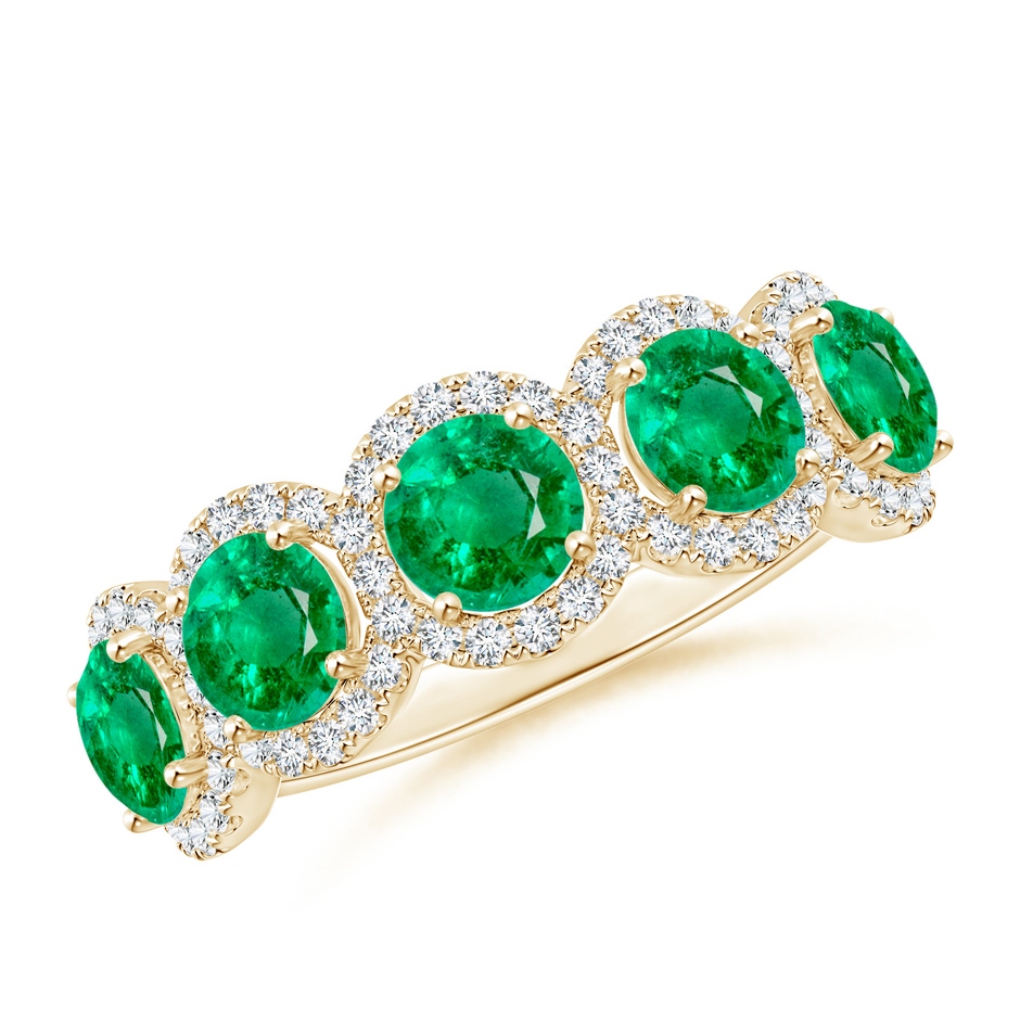 4.5mm AAA Half Eternity Five-Stone Emerald Halo Ring in Yellow Gold 