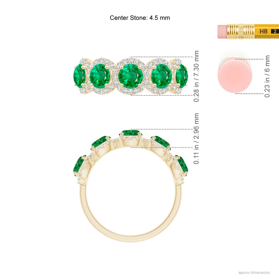 4.5mm AAA Half Eternity Five-Stone Emerald Halo Ring in Yellow Gold Ruler