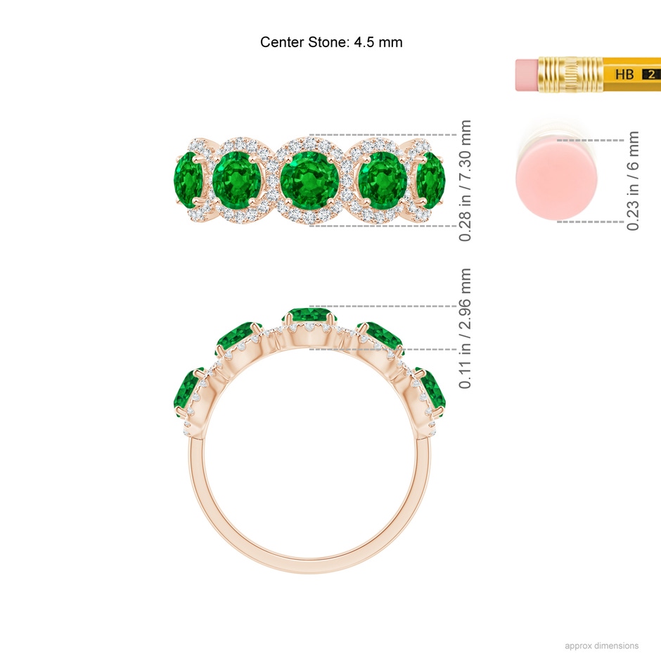 4.5mm AAAA Half Eternity Five-Stone Emerald Halo Ring in Rose Gold ruler