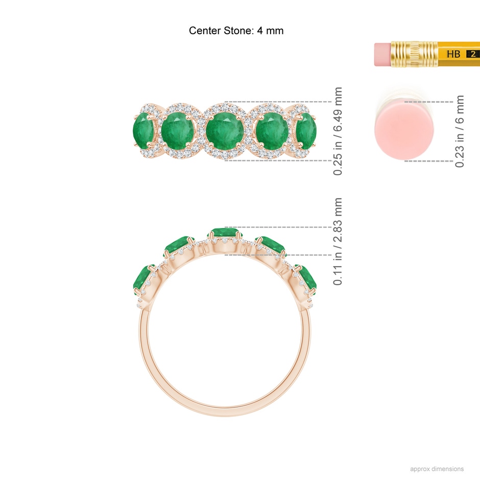4mm A Half Eternity Five-Stone Emerald Halo Ring in Rose Gold ruler