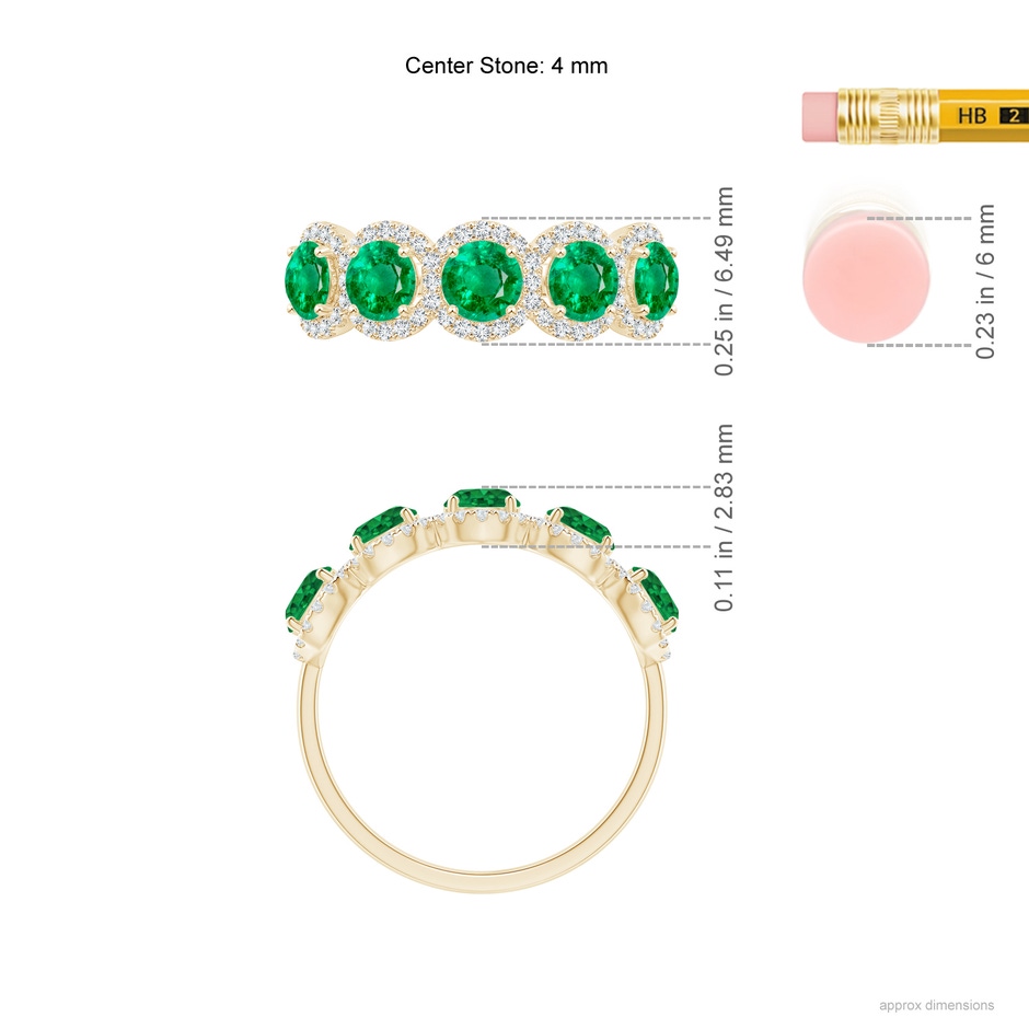 4mm AAA Half Eternity Five-Stone Emerald Halo Ring in Yellow Gold ruler