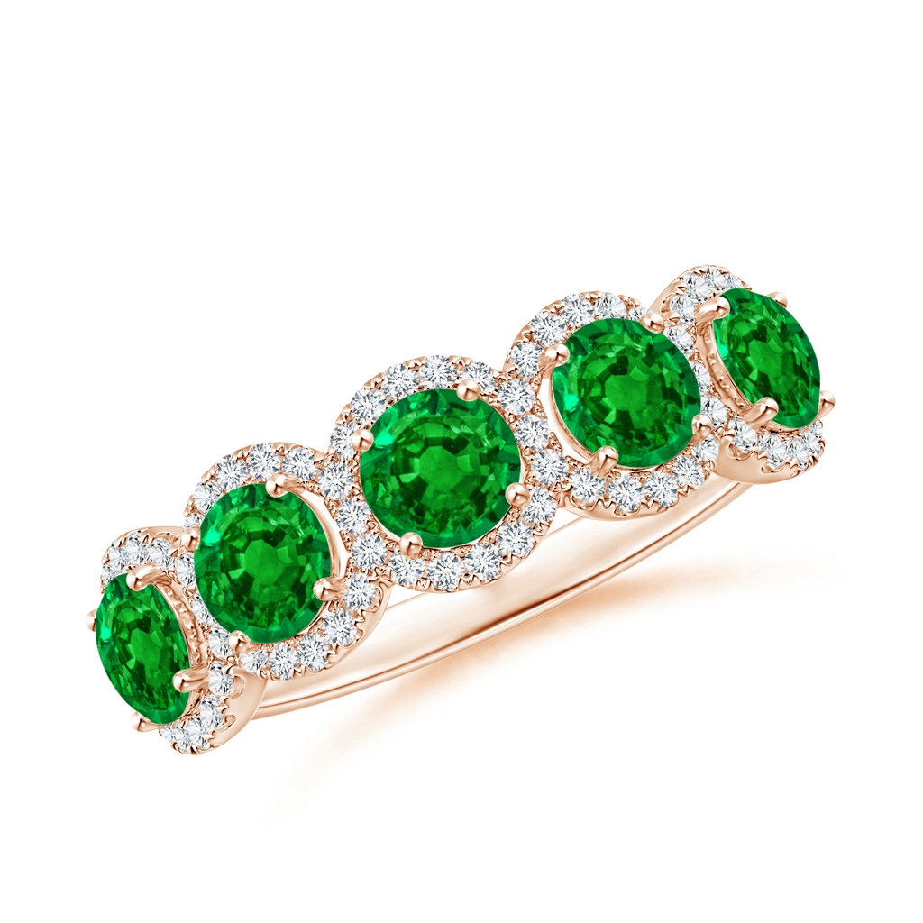 4mm AAAA Half Eternity Five-Stone Emerald Halo Ring in Rose Gold