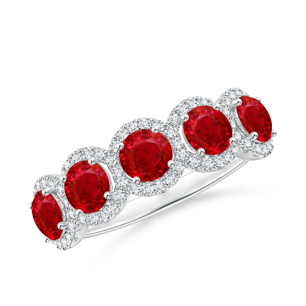 4mm AAA Half Eternity Five-Stone Ruby Halo Ring in White Gold
