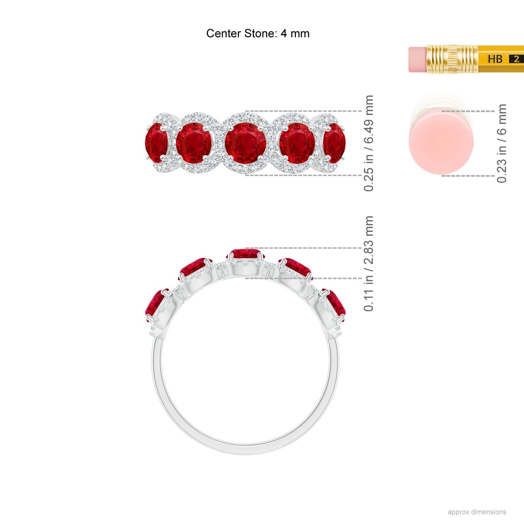 4mm AAA Half Eternity Five-Stone Ruby Halo Ring in White Gold Ruler