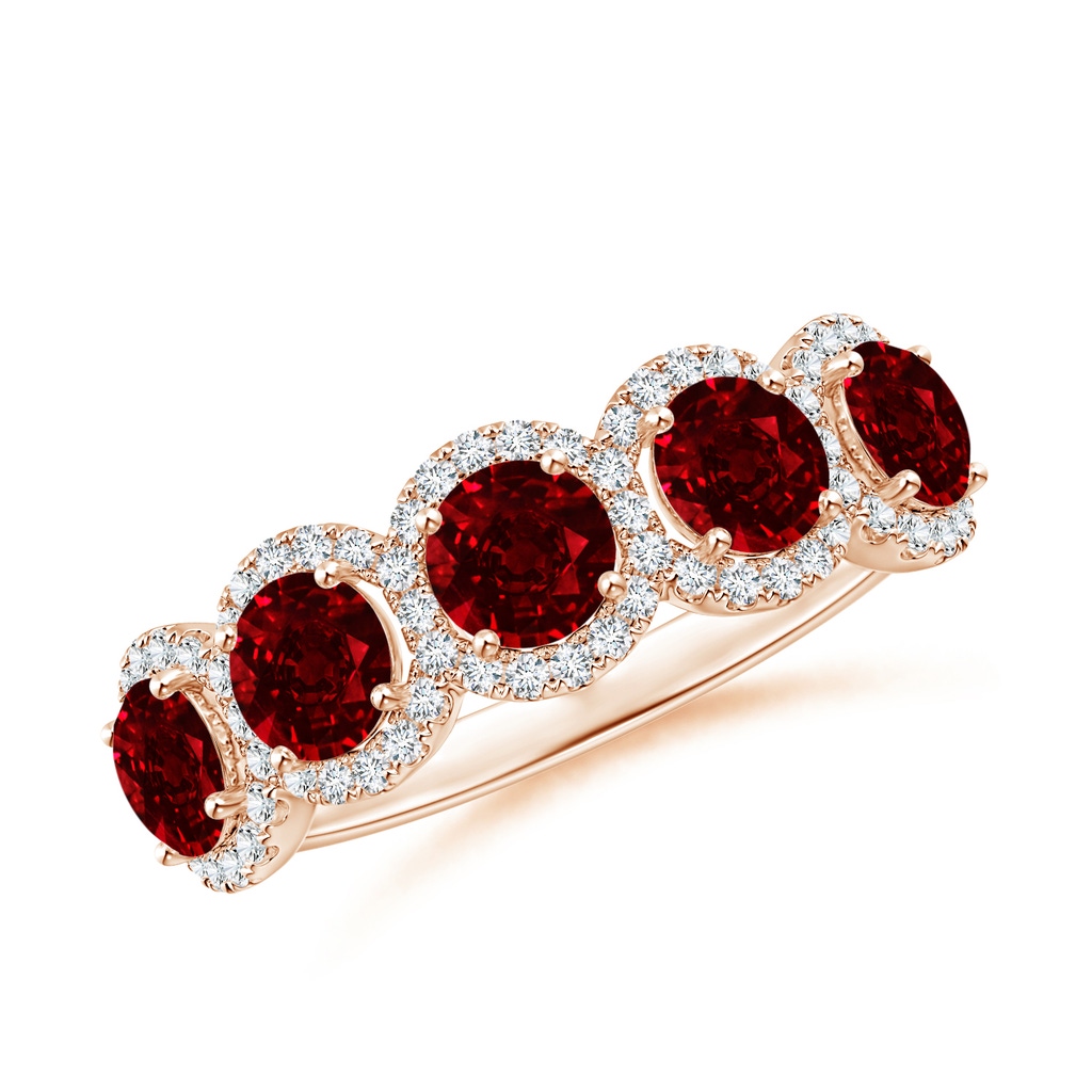 4mm AAAA Half Eternity Five-Stone Ruby Halo Ring in Rose Gold