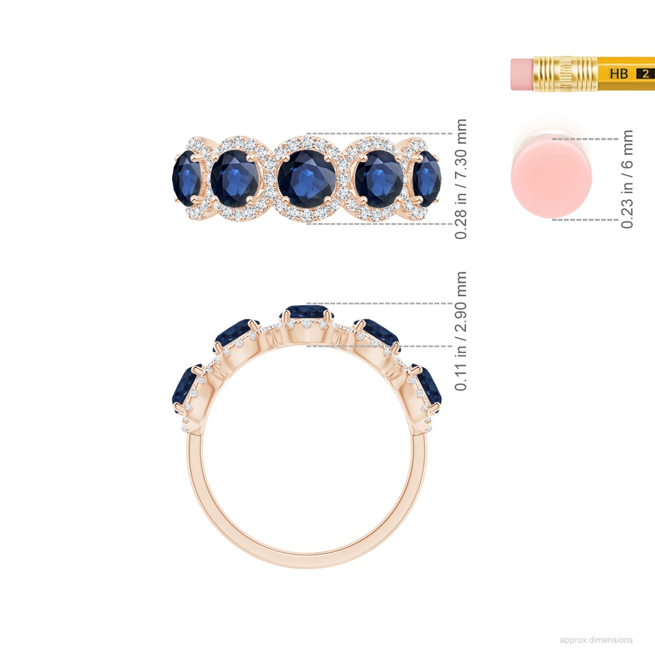 4.5mm AA Half Eternity Five-Stone Sapphire Halo Ring in Rose Gold ruler