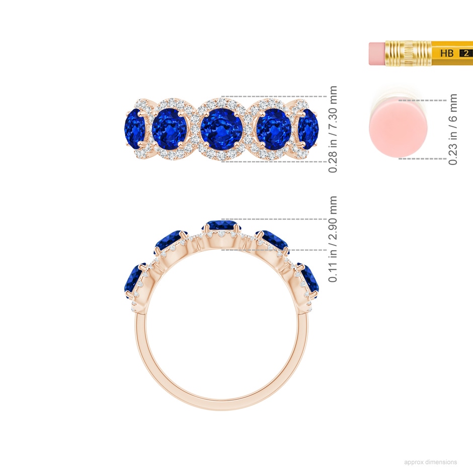 4.5mm AAAA Half Eternity Five-Stone Sapphire Halo Ring in Rose Gold ruler
