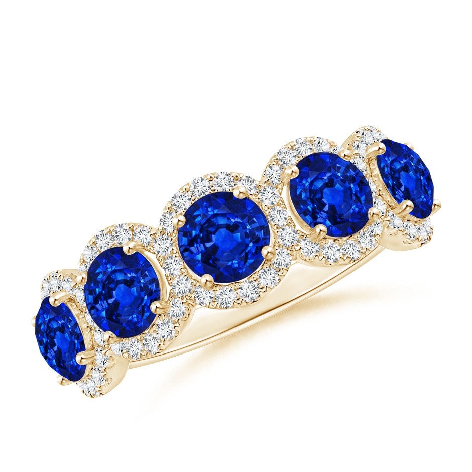 4.5mm AAAA Half Eternity Five-Stone Sapphire Halo Ring in Yellow Gold 
