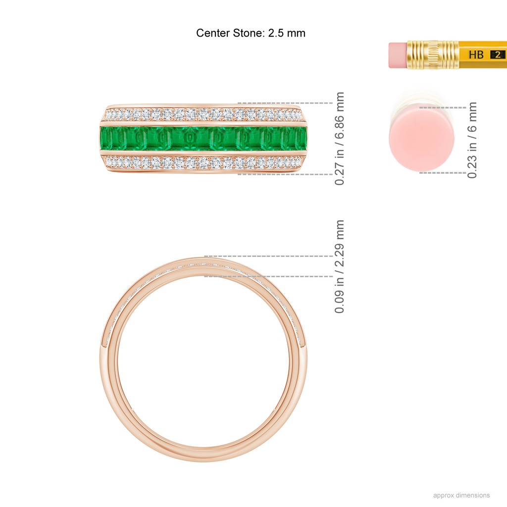 2.5mm AA Channel-Set Square Emerald and Diamond Half Eternity Band in Rose Gold Ruler