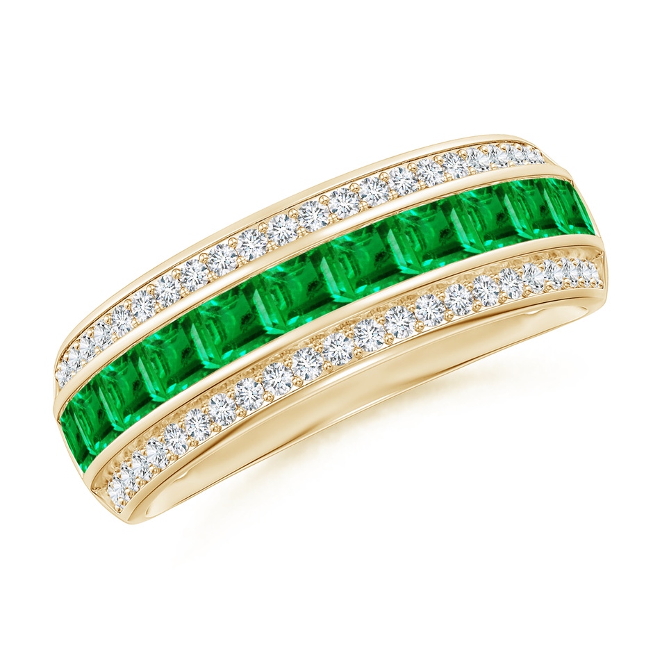 2.5mm AAA Channel-Set Square Emerald and Diamond Half Eternity Band in Yellow Gold 