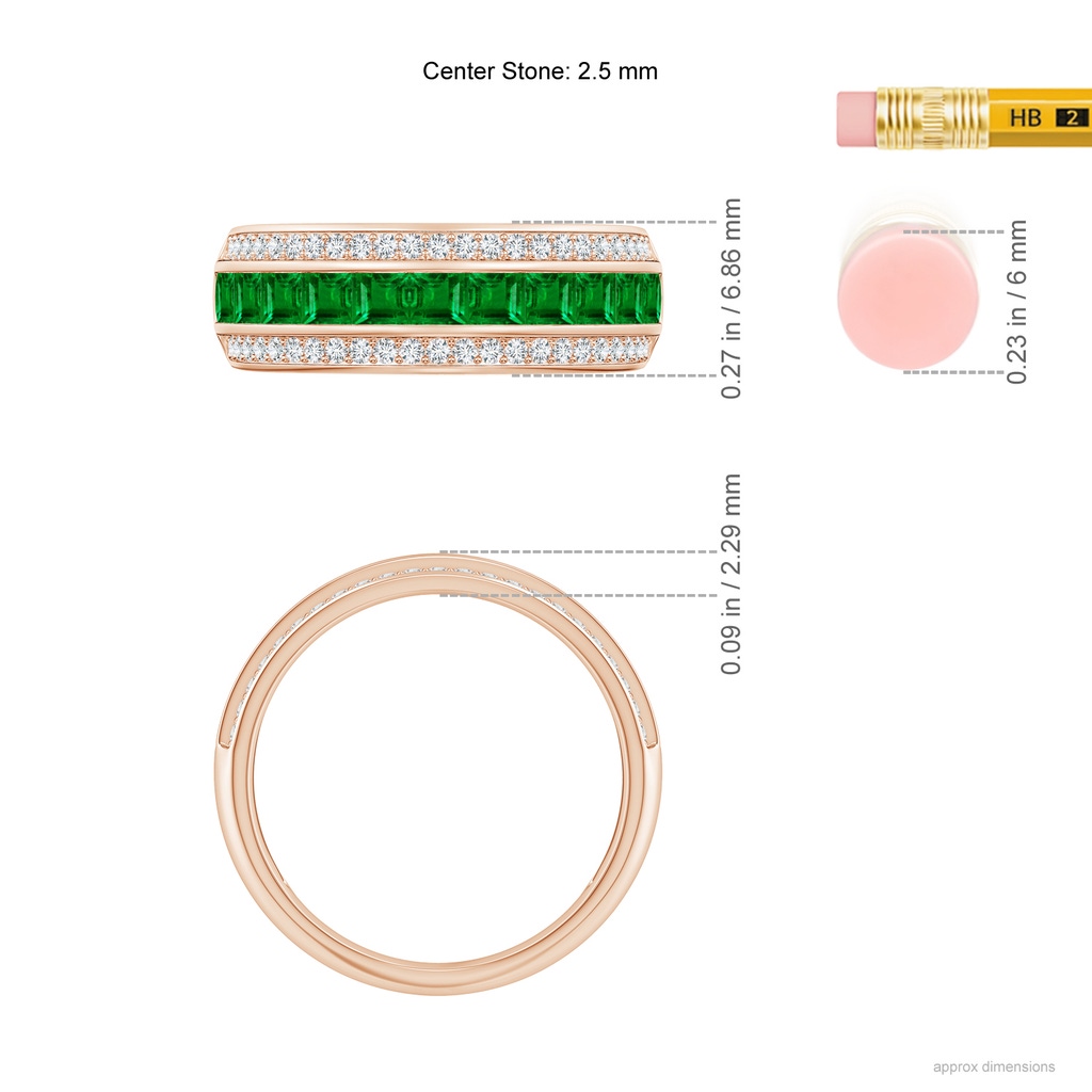 2.5mm AAAA Channel-Set Square Emerald and Diamond Half Eternity Band in Rose Gold Ruler