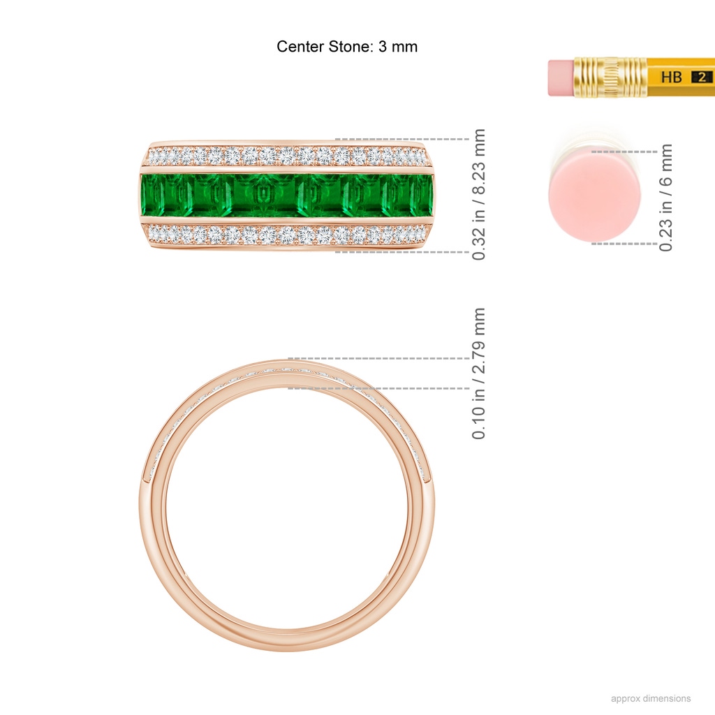 3mm AAAA Channel-Set Square Emerald and Diamond Half Eternity Band in Rose Gold Ruler