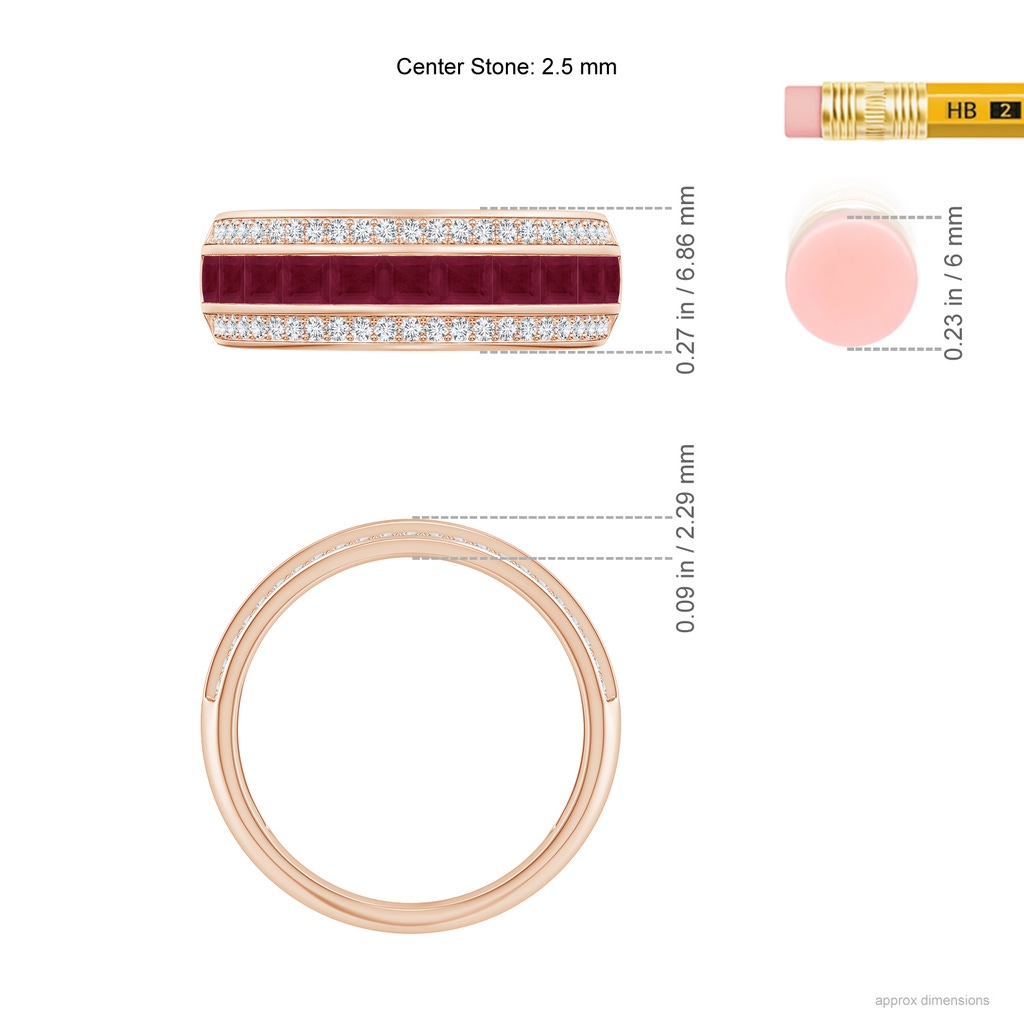 2.5mm A Channel-Set Square Ruby and Diamond Half Eternity Band in Rose Gold Ruler