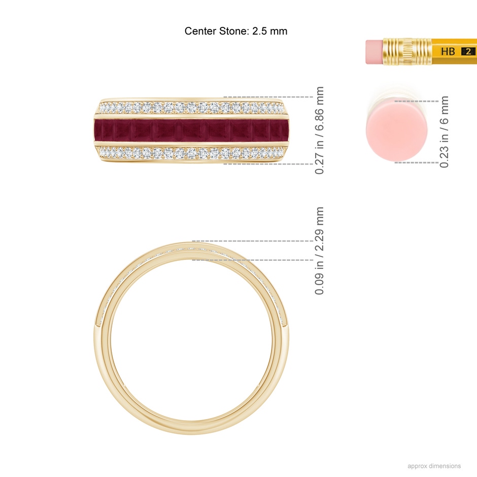 2.5mm A Channel-Set Square Ruby and Diamond Half Eternity Band in Yellow Gold ruler