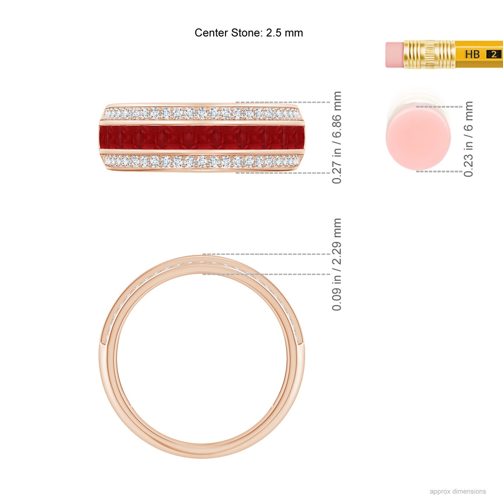 2.5mm AA Channel-Set Square Ruby and Diamond Half Eternity Band in Rose Gold Ruler