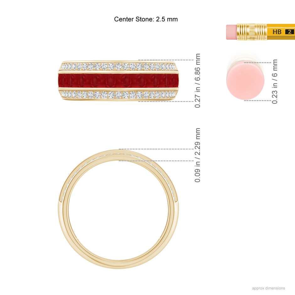 2.5mm AA Channel-Set Square Ruby and Diamond Half Eternity Band in Yellow Gold ruler