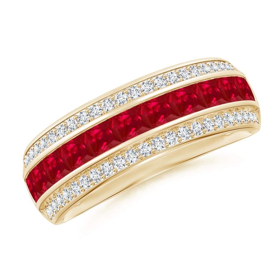 2.5mm AAA Channel-Set Square Ruby and Diamond Half Eternity Band in Yellow Gold 