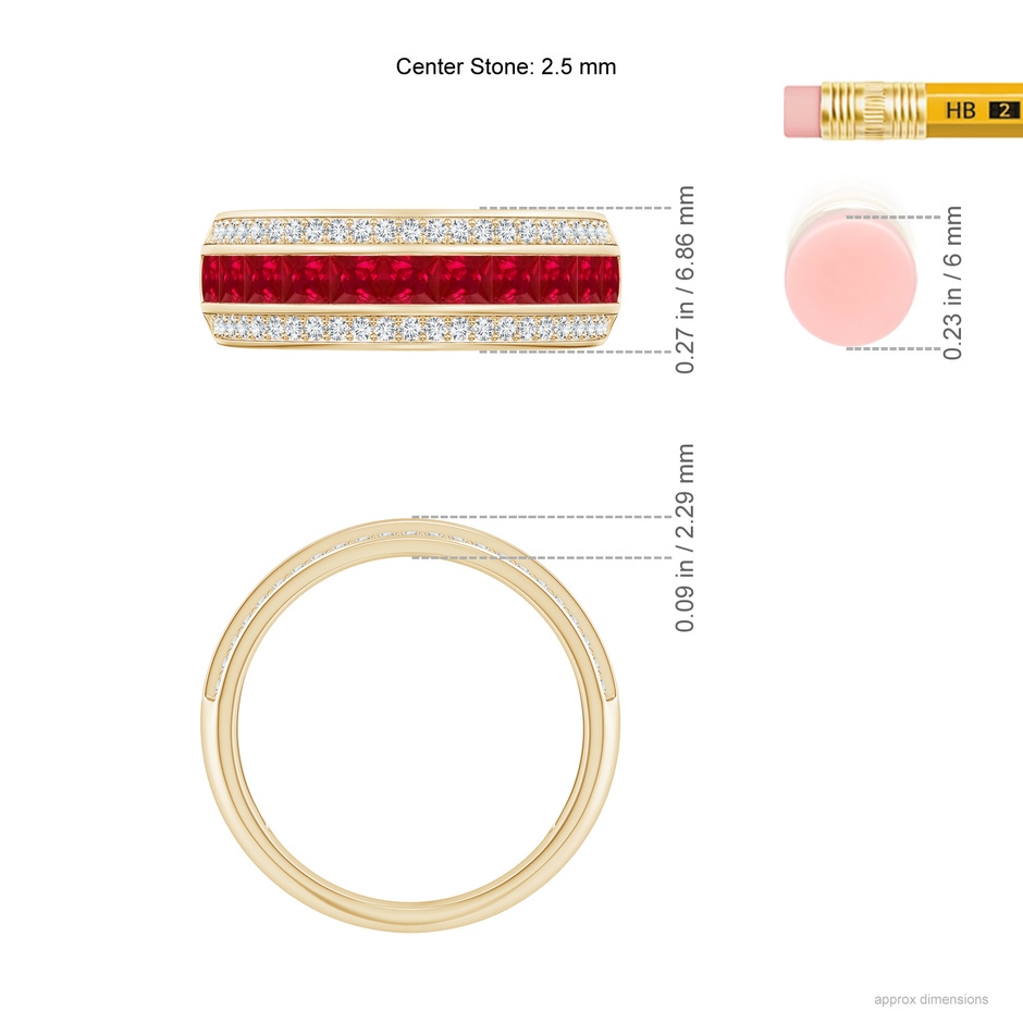 2.5mm AAA Channel-Set Square Ruby and Diamond Half Eternity Band in Yellow Gold ruler