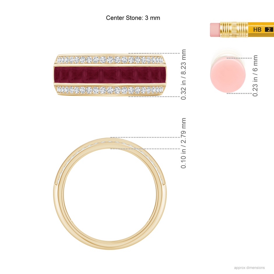 3mm A Channel-Set Square Ruby and Diamond Half Eternity Band in Yellow Gold ruler