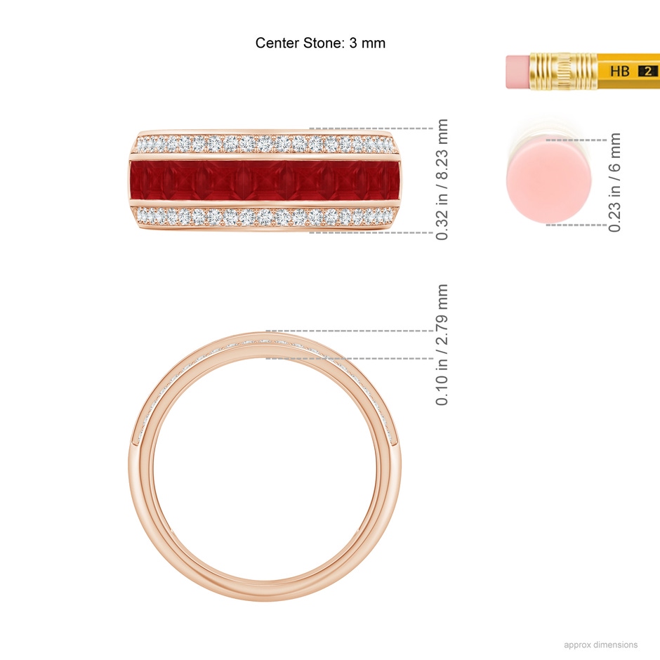 3mm AA Channel-Set Square Ruby and Diamond Half Eternity Band in Rose Gold ruler