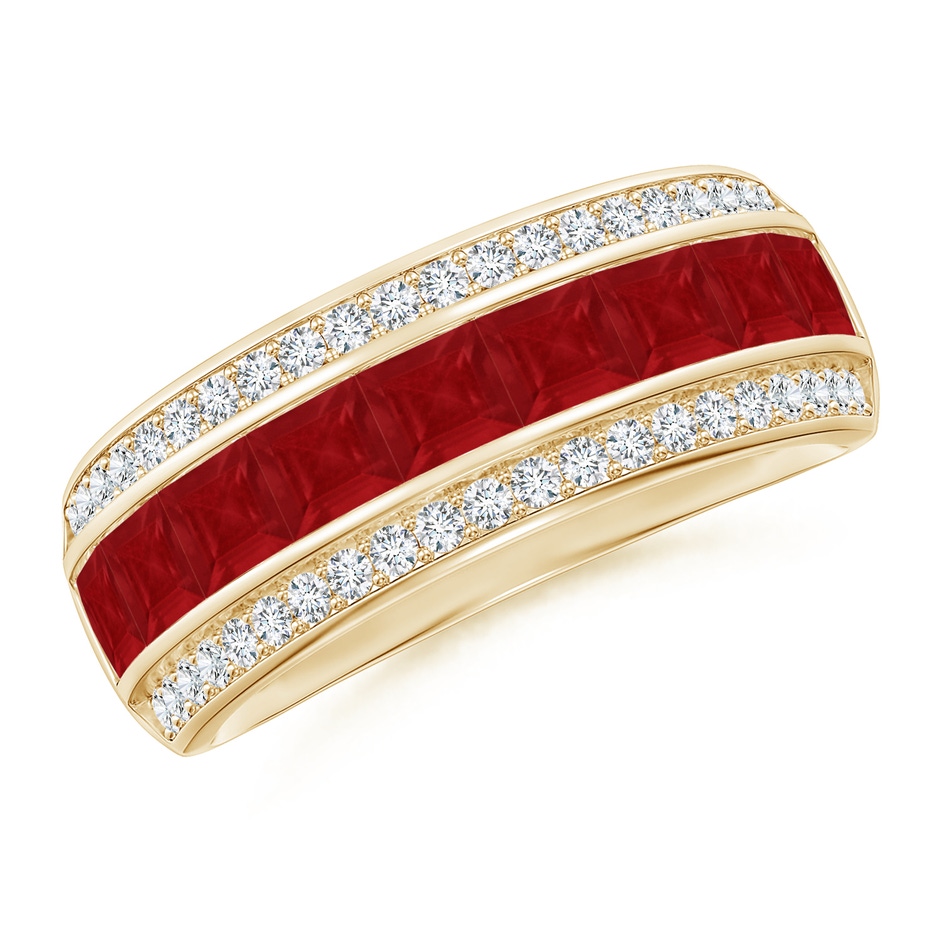 3mm AA Channel-Set Square Ruby and Diamond Half Eternity Band in Yellow Gold 