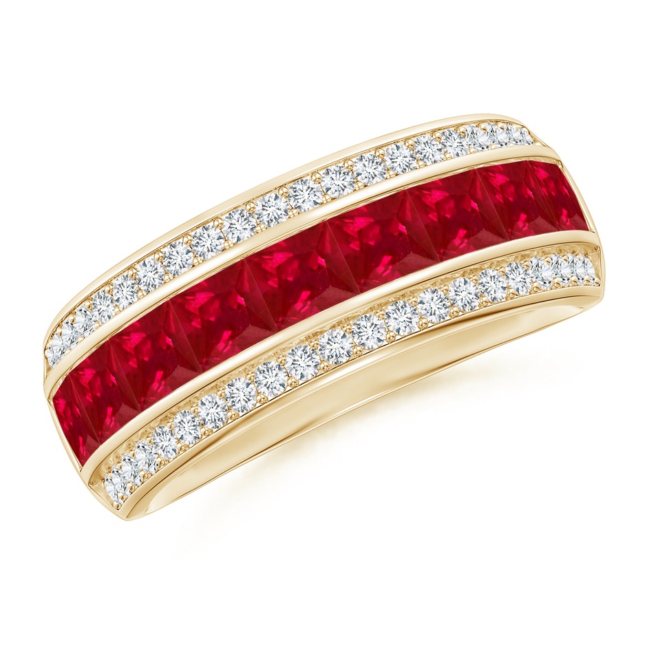 3mm AAA Channel-Set Square Ruby and Diamond Half Eternity Band in Yellow Gold 