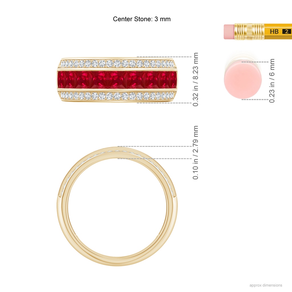 3mm AAA Channel-Set Square Ruby and Diamond Half Eternity Band in Yellow Gold Ruler