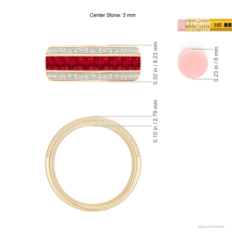 3mm AAA Channel-Set Square Ruby and Diamond Half Eternity Band in Yellow Gold ruler