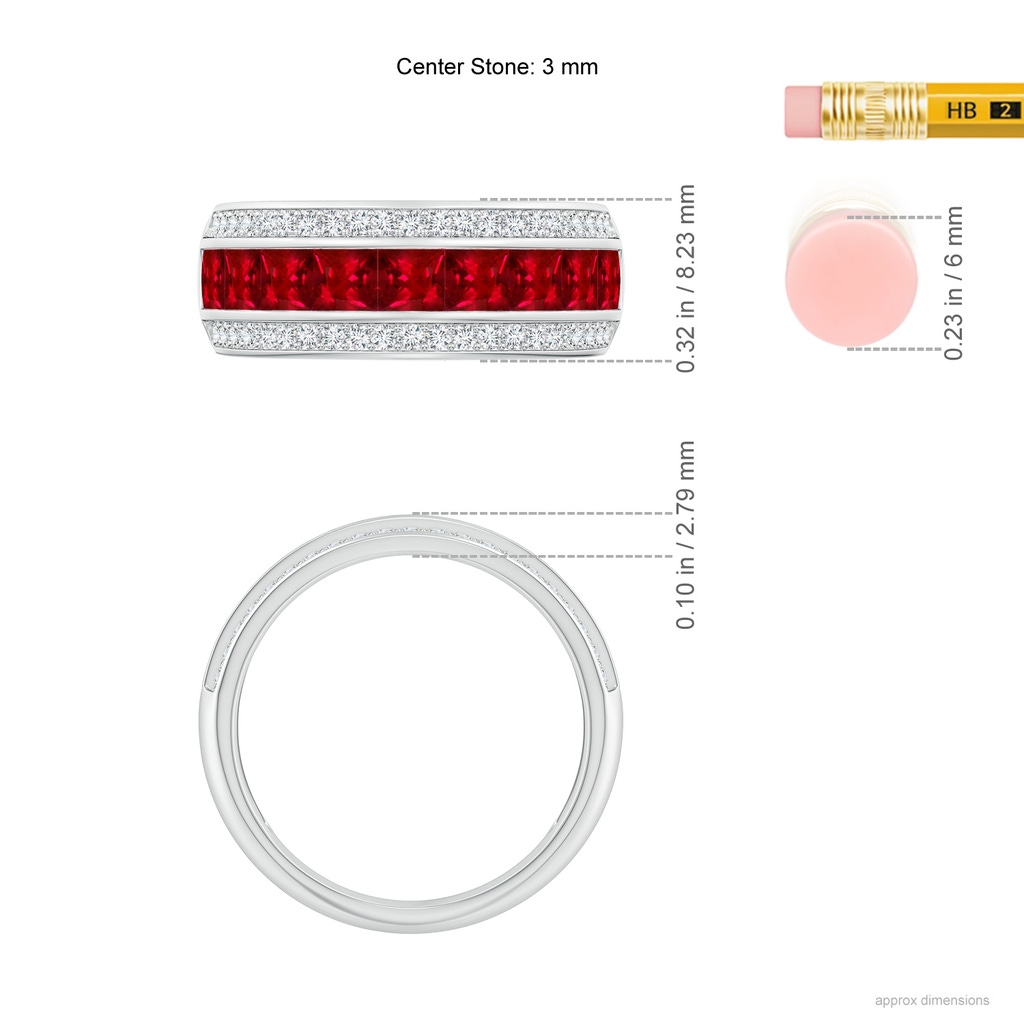 3mm AAAA Channel-Set Square Ruby and Diamond Half Eternity Band in P950 Platinum Ruler
