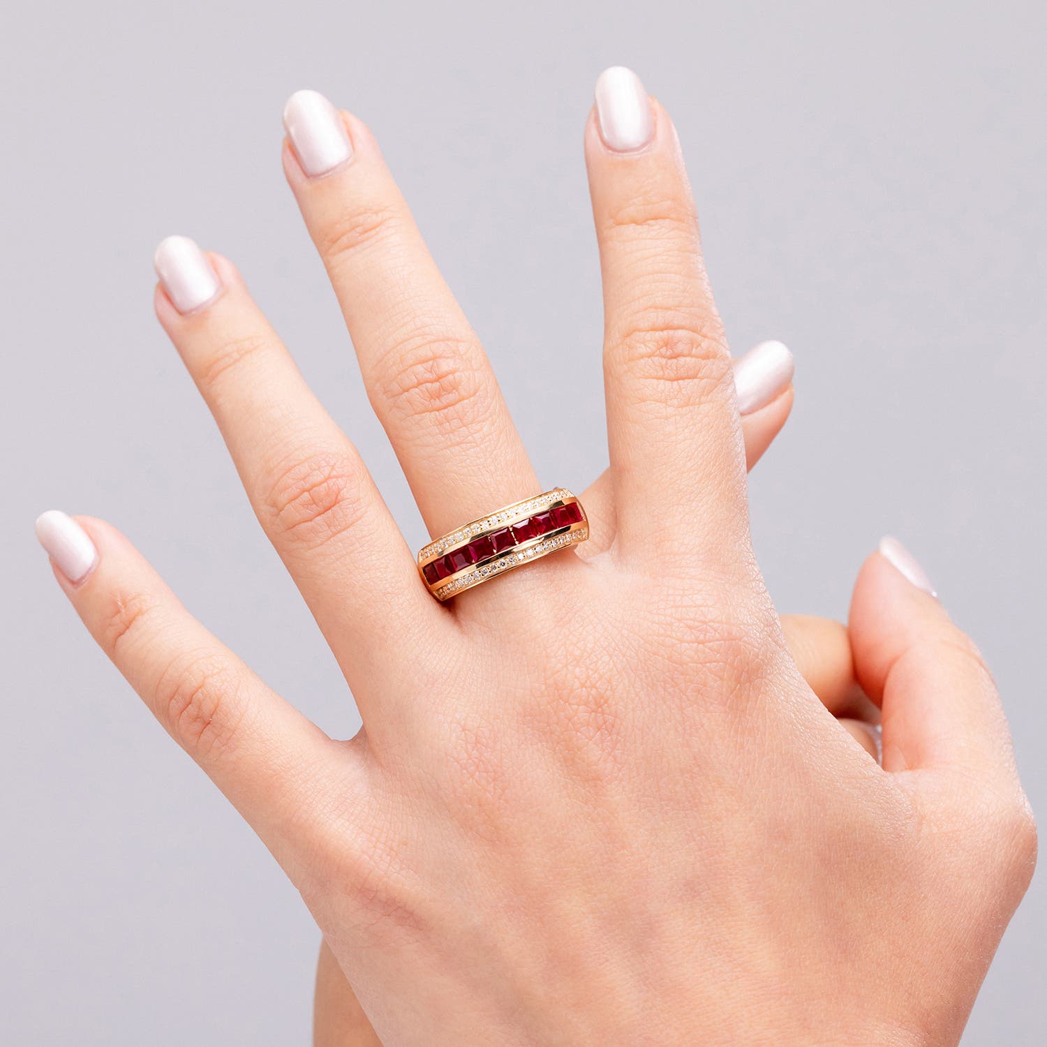 Channel Set Square Ruby and Diamond Half Eternity Band