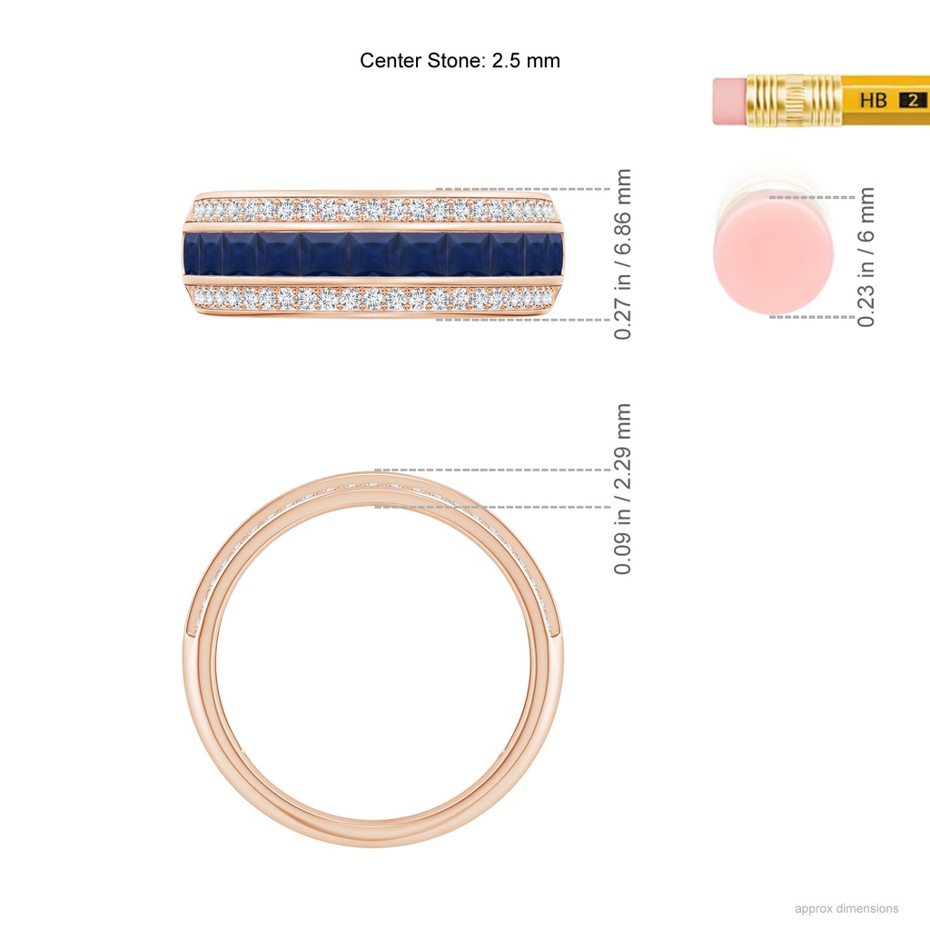 2.5mm A Channel-Set Square Sapphire and Diamond Half Eternity Band in Rose Gold Ruler