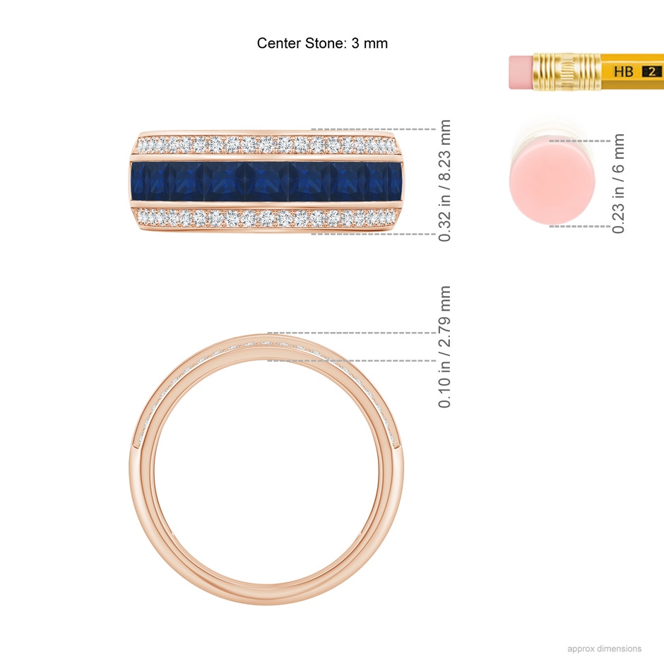 3mm AA Channel-Set Square Sapphire and Diamond Half Eternity Band in Rose Gold ruler