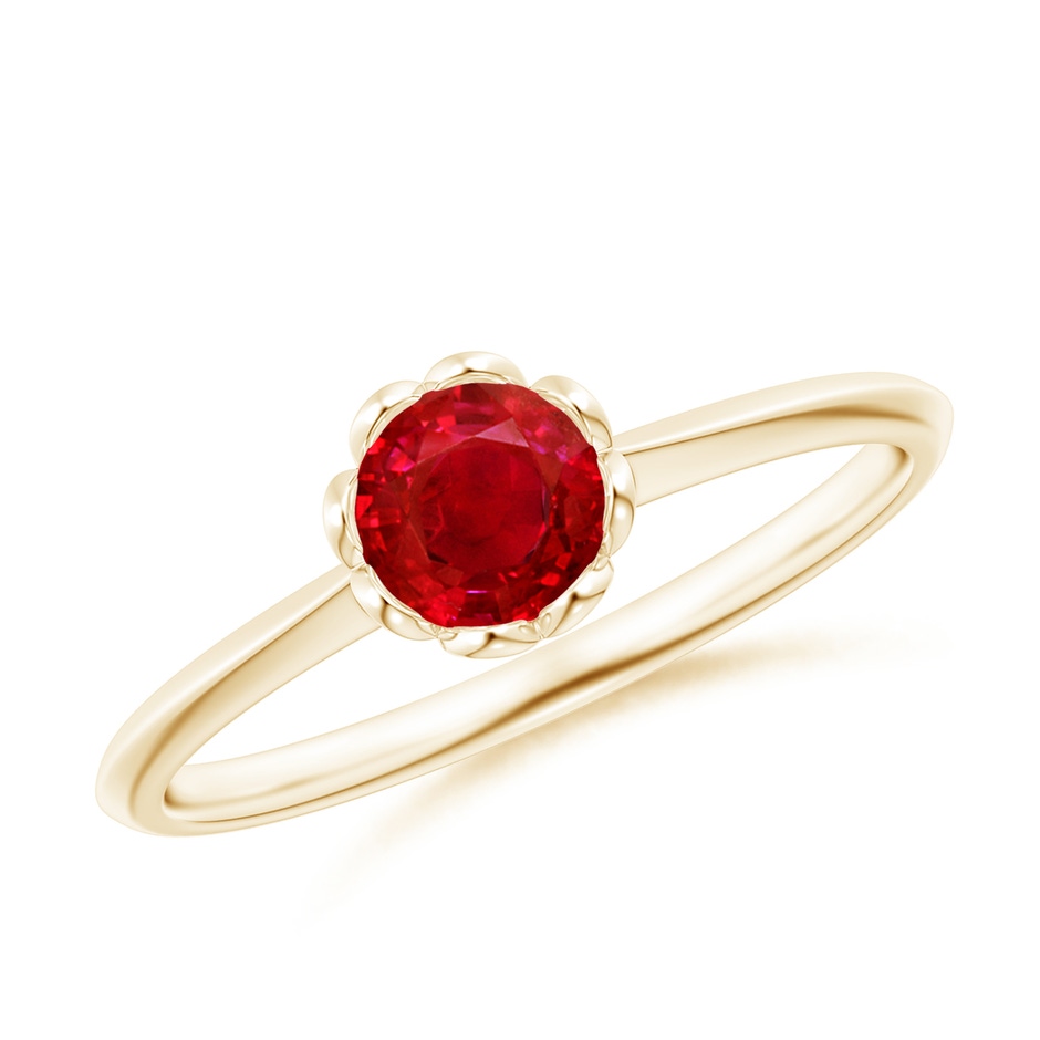 5mm AAA Classic Bezel-Set Round Ruby Floral Engagement Ring in Yellow Gold 