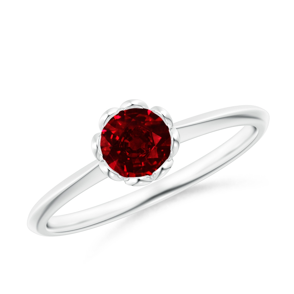 5mm AAAA Classic Bezel-Set Round Ruby Floral Engagement Ring in White Gold