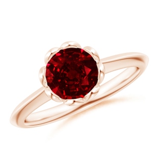 7mm AAAA Classic Bezel-Set Round Ruby Floral Engagement Ring in Rose Gold
