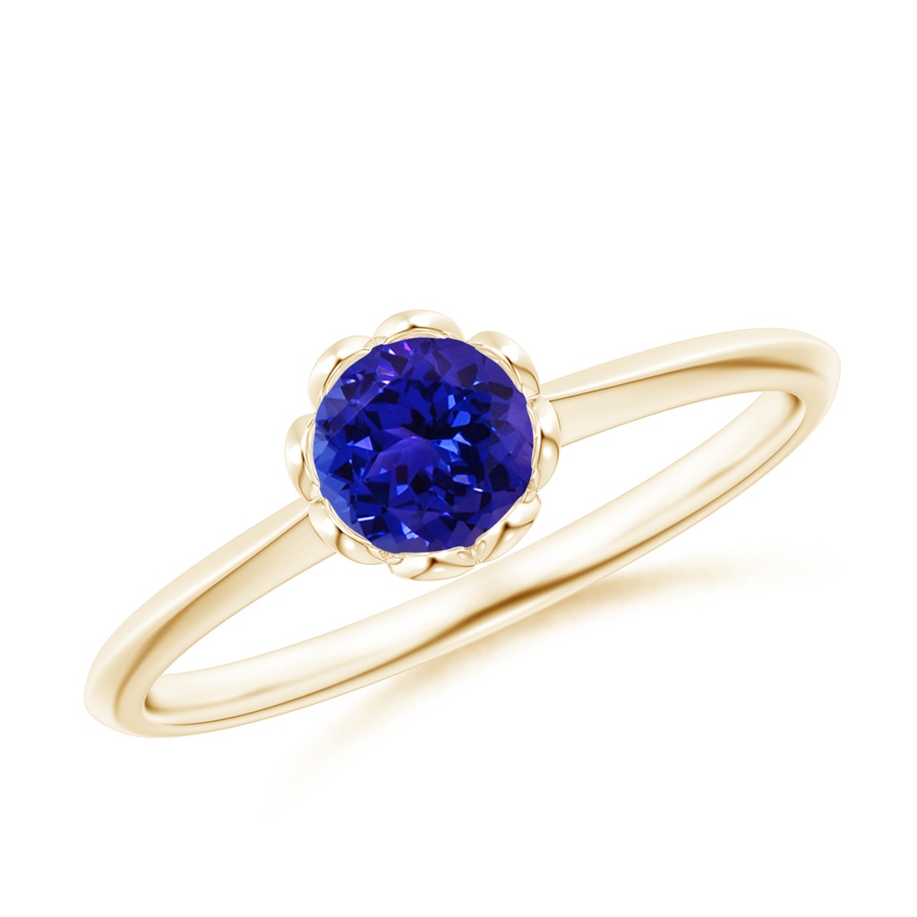 5mm AAAA Classic Bezel-Set Round Tanzanite Floral Engagement Ring in Yellow Gold