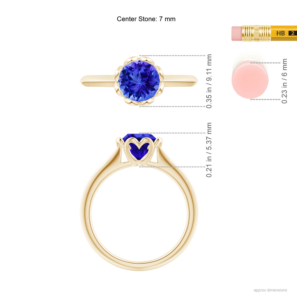 7mm AAA Classic Bezel-Set Round Tanzanite Floral Engagement Ring in Yellow Gold Ruler
