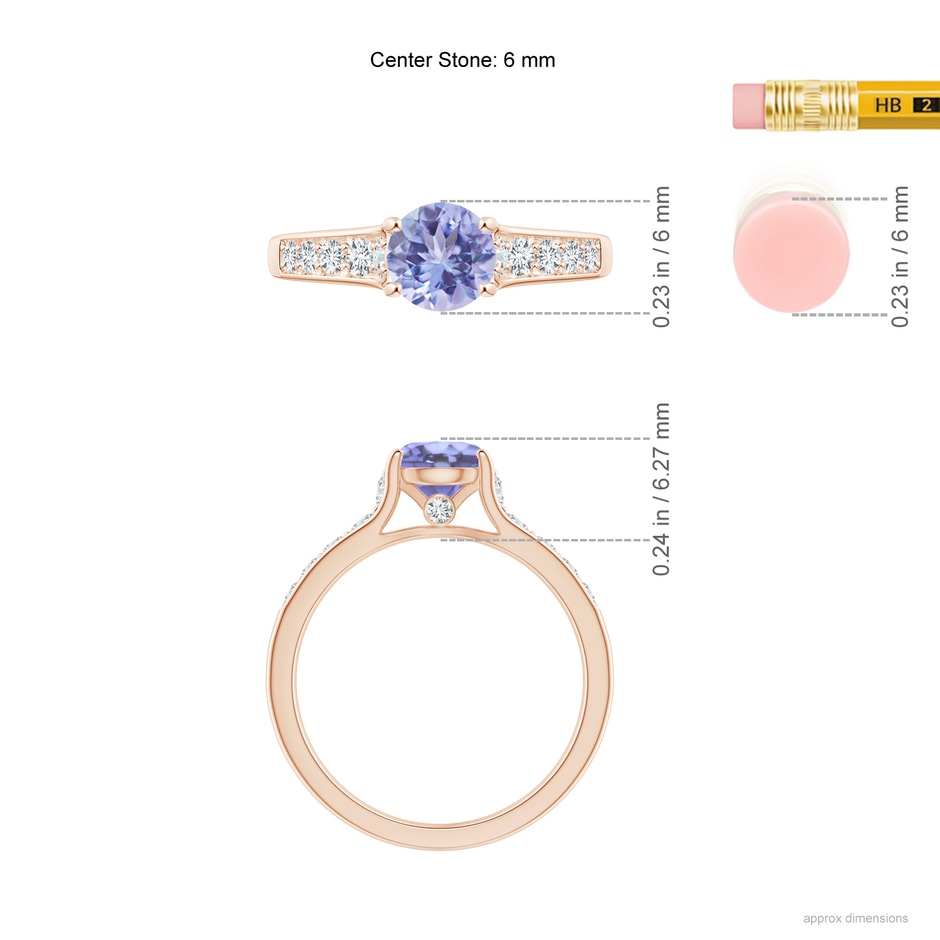 6mm A Round Tanzanite Tapered Shank Solitaire Engagement Ring in Rose Gold ruler