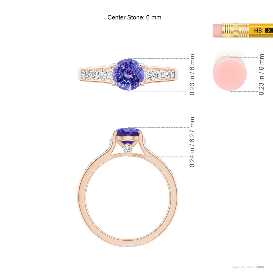 6mm AA Round Tanzanite Tapered Shank Solitaire Engagement Ring in Rose Gold ruler