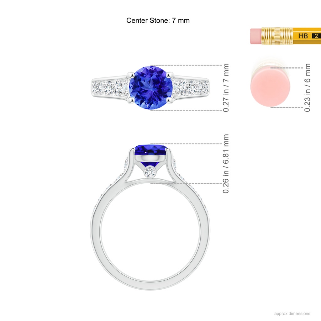 7mm AAA Round Tanzanite Tapered Shank Solitaire Engagement Ring in White Gold Ruler